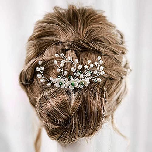 Yean Bride Flower Wedding Hair Comb Silver Bridal Hair Piece Pearl Hair Accessories for Women and Girls Yean