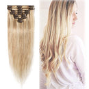 Highlighted Clip in Hair Extensions Ash Blonde & Bleach Blonde 12 Inch Remy Human Hair Skin Weft Clip ins Full Head 8pcs 18 Clips Soft Straight Hair for Women Party 8-24 inch Ombre 55g
