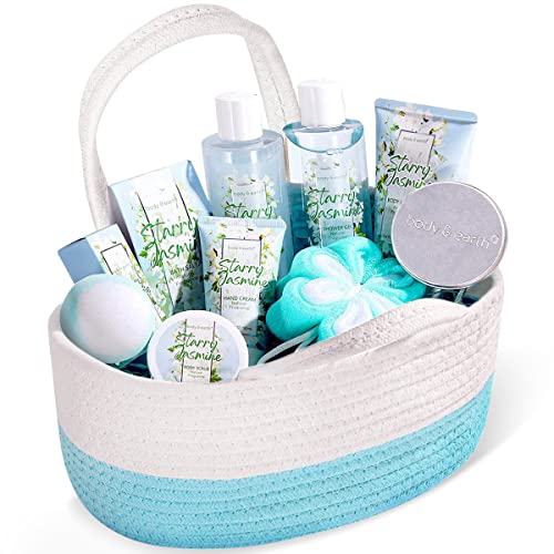Gift Set for Women - Spa Gift Baskets for women Body & Earth 11 Pcs Jasmine Scented Women Bath Set Gift Basket with Bubble Bath, Shower Gel, Body Lotion & Scrub and More, Valentines Gifts for Women BODY & EARTH