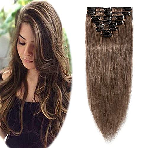 16 Inch Long Clip in Hair Extensions 100% Human Hair 65g Thin 8 Pcs 18 Clips Standard Weft Straight Clip on Human Hairpieces for Women Beauty
