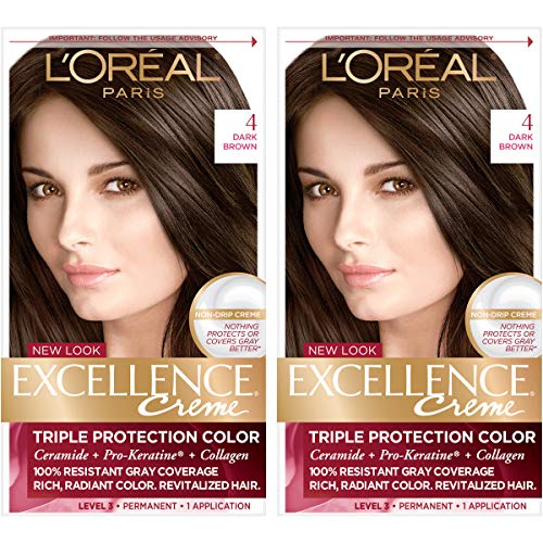 L'Oreal Paris Excellence Creme Permanent Hair Color, 4 Dark Brown, 100 percent Gray Coverage Hair Dye, Pack of 2 L'Oreal Paris