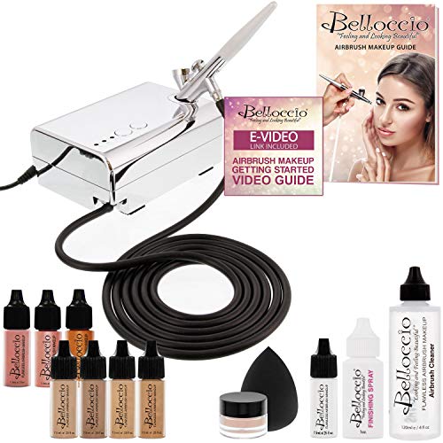 Belloccio Professional Beauty Airbrush Cosmetic Makeup System with 4 Medium Shades of Foundation in 1/4 Ounce Bottles - Kit Includes Blush, Bronzer and Highlighters Belloccio