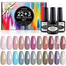 Lagunamoon 25 Pcs Gel Nail Polish Kit,  Nude Nail Polish Set  with Glossy & Matte Top Base Coat, Pastel Pink Blue Browns Soak off Nail Polish, Bright Nail Art Solid Sparkle Glitters Colors for Starter Nail Art Salon Design Manicure Lagunamoon
