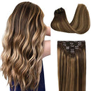 GOO GOO Remy Hair Extensions 16 Inch 7pcs 120g Chocolate Brown to Caramel Blonde Mixed Brown Balayage Thick Straight Hair Clip in Human Hair Extensions Real Hair Extensions GOO GOO