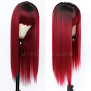 Maycaur Red Color Synthetic Hair Wigs with Full Bangs Black Red Ombre Color Long Straight Women's Wig Heat Resistant Synthetic No Lace Wigs for Fashion Women Maycaur