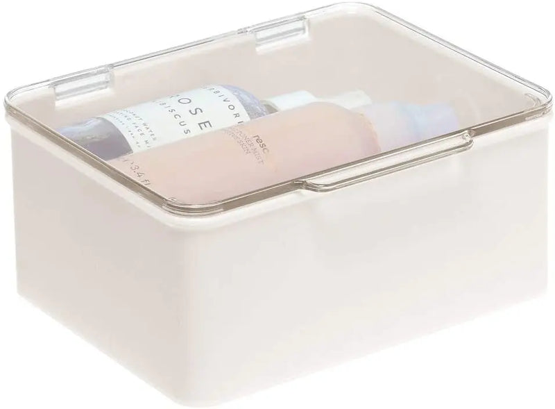 mDesign Plastic Stackable Bathroom Vanity Countertop Storage Cosmetic Organizer Box with Hinged Lid for Makeup, Beauty, Hair, Nail Supplies - 2 Pack - Cream/Clear mDesign Store