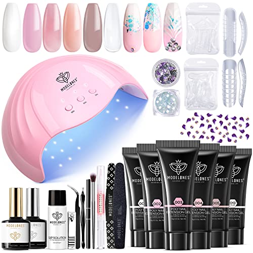 Modelones Poly Nail Gel Kit - 6 Colors with 48W Nail Lamp Slip Solution Rhinestone Glitter All In One Kit for Nail Manicure Beginner Starter Kit DIY at Home Beauty Gift modelones