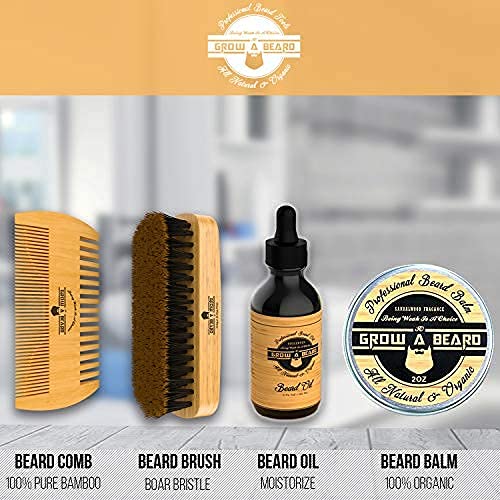 Beard Straightener Grooming Kit for Men, 2 Oz Growth Oil, 2 Oz Sandalwood Balm, Beard Wash, Beard Brush & Comb, Beard Conditioner, Beard Razor and Scissors, & Beard E-Book, Great for Christmas Gift GROW ALPHA BEARD