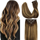 GOO GOO Clip in Hair Extensions 7pcs 120g Balayage Chocolate Brown to Caramel Blonde Natural Hair Extensions 18 Inch Real Hair Straight Human Hair Clip in Extensions GOO GOO
