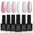 Beetles French White Gel Nail Polish Kit - 6 Pack Nude Pink Glitter Gel Polish Set Soak Off LED Lamp Nail Gel Manicure Kit Cured Gel Base Top Coat Needed DIY Home Salon Nail Art beetles Gel Polish