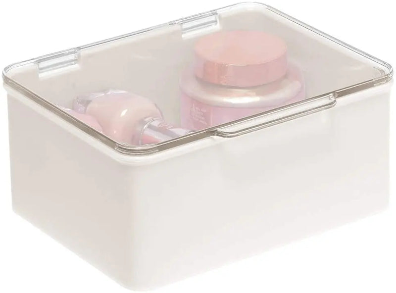 mDesign Plastic Stackable Bathroom Vanity Countertop Storage Cosmetic Organizer Box with Hinged Lid for Makeup, Beauty, Hair, Nail Supplies - 2 Pack - Cream/Clear mDesign Store