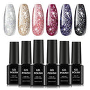 TOMICCA Glitter Gel Nail Polish Set of 6 Pcs Gel Polish Glitter Multi-color Sparkle Nail Gel Polish Kit Varnish Manicure Set Soak Off UV LED Nail Gel for Lady, Girls, Starter Nail DIY at Home TOMICCA