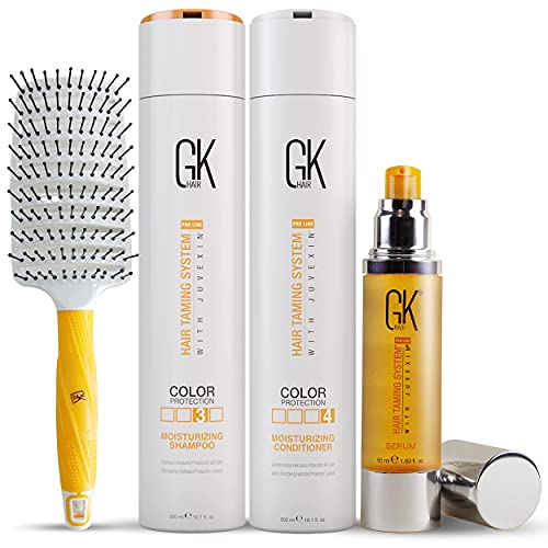 Global Keratin GK Hair Moisturizing Shampoo and Conditioner Set 300ml I Organic Argan Oil Hair Serum 50ml For Frizz Control Dry Damage Hair Repair I Vent Brush (2.5 Inch) Rubber Handle Global Keratin