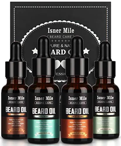 4 Pack Beard Oil Set Leave in Conditioner, Cedarwood, Sandalwood, Sage, Sweet Orange for Men Mustaches Growth, Soften, Moisturizing, Strength, Stocking Stuffers Gifts for Him Man Dad Father Boyfriend ISNER MILE