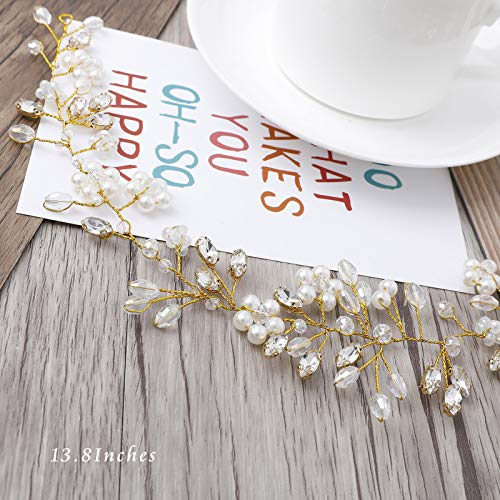 Aukmla Bride Wedding Hair Vines White Pearl Hair Accessories Crystal Rhinestone Hair Piece for Bride and Bridesmaids HV-24 (Gold) Aukmla