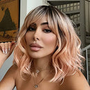 NOBLE Pink Orange Wigs Ombre Bob Curly Wavy Wigs with Air Bangs for Women Synthetic Short Wavy Wigs with Bangs Heat Resistant Synthetic Fiber Wigs for Daily Party Cosplay Costume Wigs NOBLE