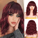 Relena Wine Red Short Wavy Wig with Bangs Synthetic Colored Shoulder Length Wig for Women Heat Resistant Fiber Curly Bob Wig 14 Inch Burgundy Wavy Bob Wigs for Daily Party Use Relena