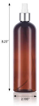 12 oz Amber Slim Tall Boston Round Plastic PET Bottle (BPA Free) with Silver Fine Mist Spray (6 pack) JUVITUS