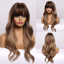 Esmee 24" Long Wavy Wigs with Bangs Dark Brown Roots Light Brown Wigs for Women Long Wave Brown Ombre Hair with Blonde Wigs,Heat-resistant synthetic wigs for daily parties and role-playing. Esmee