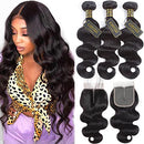 QTHAIR 12A Brazilian Body Wave Bundles with T Part Lace Closure 100% Unprocessed Brazilian Virgin Hair 3 Bundles with 4x1 Middle Part Closure(12 14 16+10) Human Hair Bundles with Closure QTHAIR