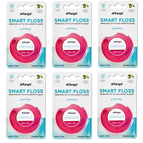 DrTung's Smart Floss - Natural Floss, PTFE & PFAS Free Floss, Gentle on Gums, Expands & Stretches, BPA Free Floss - Natural Dental Floss Cardamom Flavor (Pack of 6) drTung's