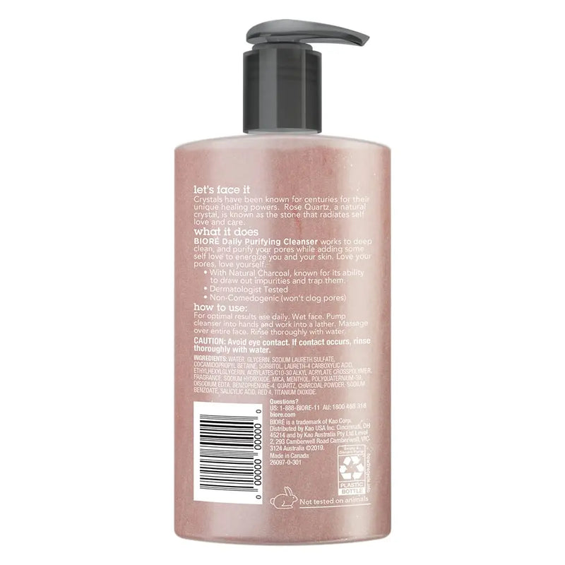 Bioré Rose Quartz + Charcoal Daily Face Wash, Oil Free Facial Cleanser Energizes Skin, Dermatologist Tested and Cruelty Free, 6.77 Ounces Bioré Store