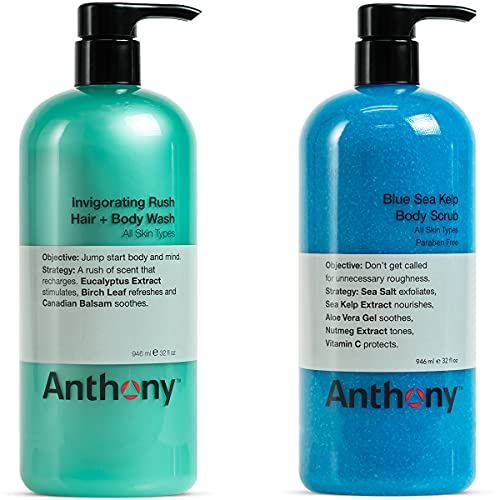 Anthony Invigorating Rush Hair and Body Wash, 32 Fl Oz and Anthony Blue Sea Kelp Body Scrub, 32 Fl Oz Anthony