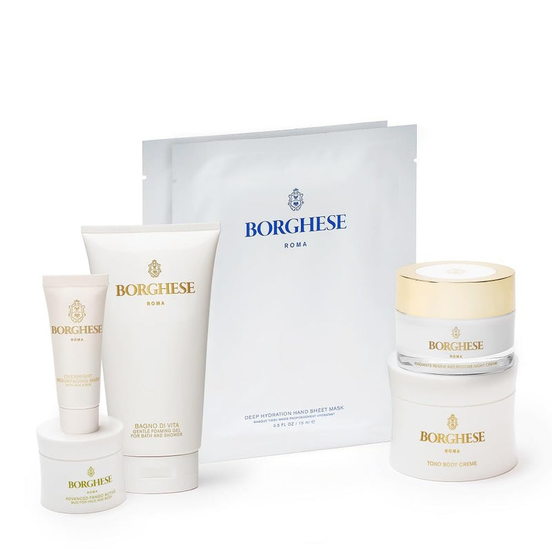 Borghese 7-Piece Skin Perfecting Gift Set - Includes Mud Mask, AHA BHA Overnight Mask, Night Face Cream, Hand Sheet Masks, Shower Gel, & Body Cream Infinity Warehouse