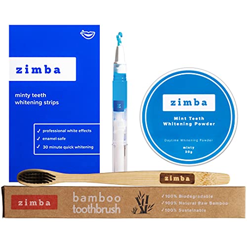 Zimba All-in-One Teeth Whitening Kit - 14 Delicious Mint Treatments (28 Strips), 1 Minty Teeth Whitening Powder, 1 Cool Blue Desensitizing Pen & 1 Bamboo Toothbrush | Non-GMO, Gluten-Free, Soy-Free Zimba
