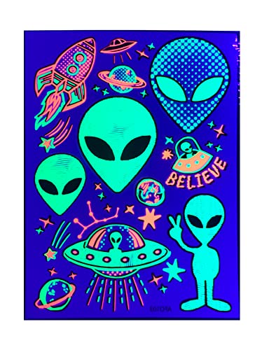 Temporary Tattoos – 1 Sheet Alien UFO Design Body Art Blacklight Reactive Light Festival Accessories Glow in the Dark Party Supplies | 7.2” x 5.2” Temp Tattoos Great for EDM EDC Party Rave Parties d'IRIS studio