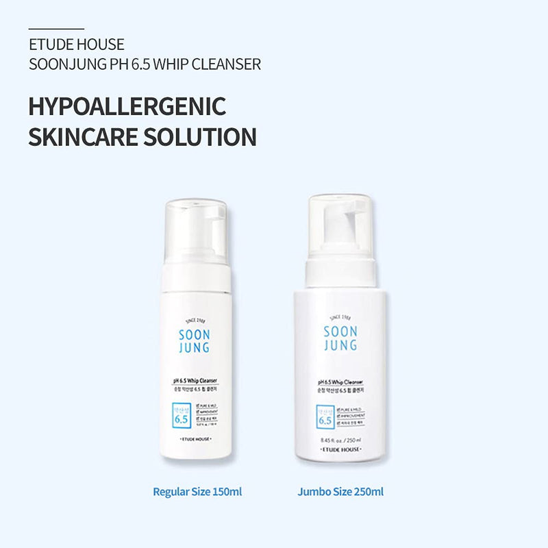 ETUDE SoonJung pH 6.5 Whip Cleanser 8.5 fl. oz. (250ml) 21AD| Non Comedogenic & Hypoallergenic Soft Bubble Hydrating Facial Cleanser for Sensitive Skin | Fragrance-Free Low-pH Korean Face Wash | K-Beauty Etude House