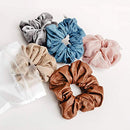 GIMME Good Vibes Scrunchy Pack, Secure Hair Ties. No-Slip or Snag. Variety Pack Denim, Corduroy, Faux Leather, Blush, and Velvet Scrunchies (5 Count) GIMME