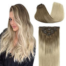GOO GOO Human Hair Extensions Clip in Ombre Ash Brown to Platinum Blonde Remy Clip in Hair Extensions Straight 120g Natural Thick Hair Weft 16 Inch Real Hair Extensions Clip in GOO GOO