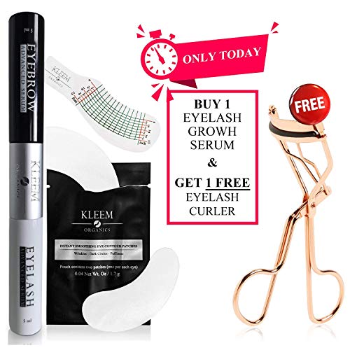 2-in-1 Eyelash Growth Serum and Eyebrow Hair Growth Enhancer with Eyelash Curler - Natural & Organic Eye Lash Growing Serum - Day and Night Rapid Lash Extensions Serum Set for Longer Lashes - 0.34 oz Kleem Organics