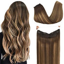 GOO GOO Halo Hair Extensions 70g 14 Inch Ombre Chocolate Brown to Caramel Blonde Straight Real Human Hair Extensions Flip in Hidden Crown Hair Extensions with Invisible Wire Layered Hairpiece GOO GOO Store