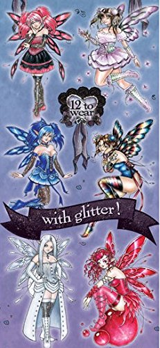 12 Sexy Glitter Fairy Tattoos Temporary. Twelve Colorful Pink Purple Blue Red White Girls Wings, Stocking, Black Boots Body Face Elf Pixie Nymph Dancing Spirit Moon Rainbow Flying Bubbles Butterflies F Tat