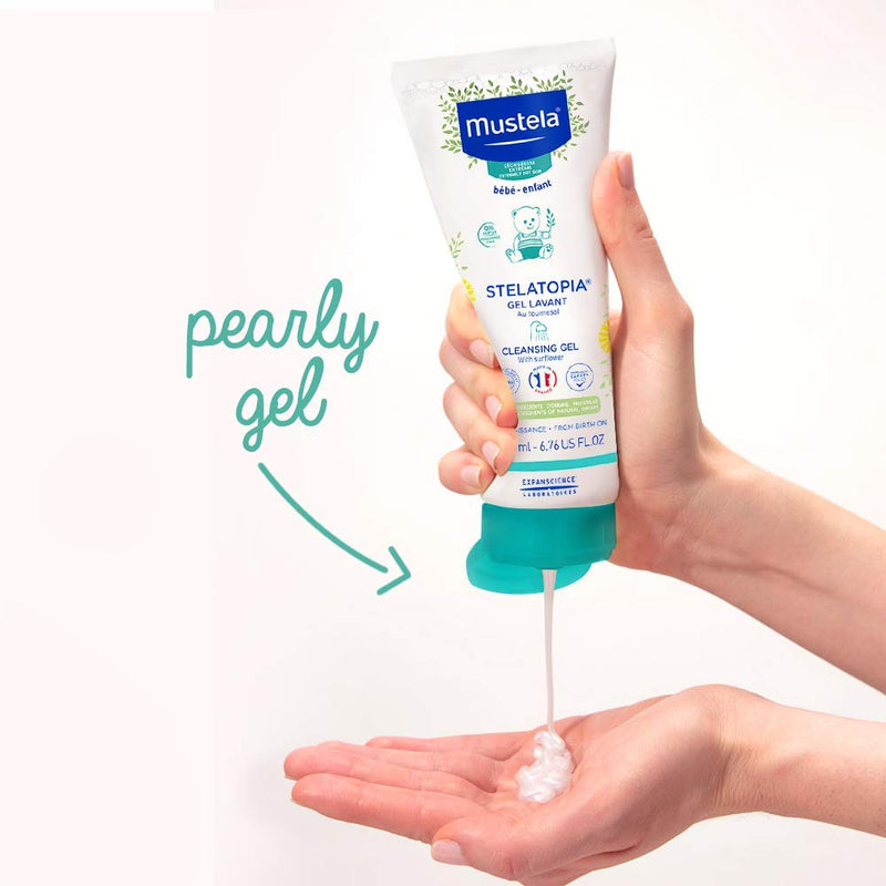 Mustela Stelatopia Cleansing Gel - Baby Face & Body Wash for Eczema-Prone Skin - with Natural Avocado & Sunflower Oil - Fragrance-Free & Tear Free - 6.76 fl. Oz Mustela