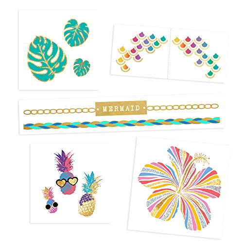 TROPICAL BRIGHTS VARIETY SET Flash Tattoos set of 25 assorted tropical inspired premium waterproof colorful metallic gold & silver jewelry temporary foil party tattoos - Party Supplies Flash Tattoos