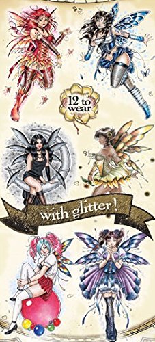 12 Sexy Glitter Fairy Tattoos Temporary. Twelve Colorful Pink Purple Blue Red White Girls Wings, Stocking, Black Boots Body Face Elf Pixie Nymph Dancing Spirit Moon Rainbow Flying Bubbles Butterflies F Tat