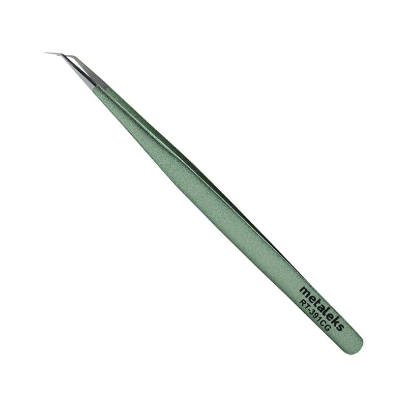 Tweezers for Eyelash Extension - Long 45° Angular Tip Tweezers - Hand Crafted Surgical Stainless Steel Precision Tweezers (Metallic light Green Powder Coated) metaleks