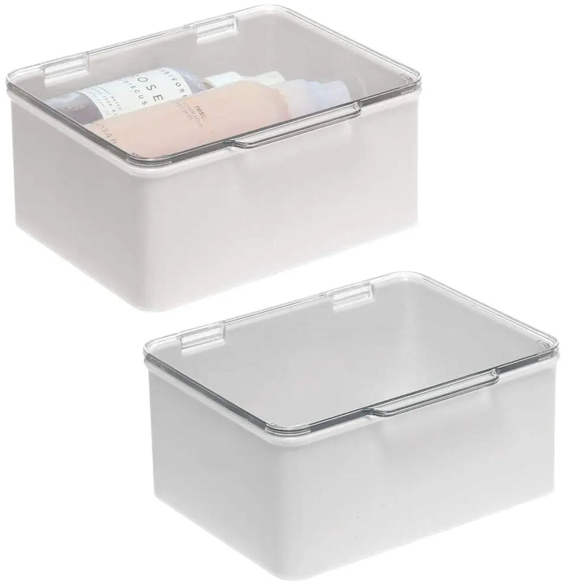 mDesign Plastic Stackable Bathroom Vanity Countertop Storage Cosmetic Organizer Box with Hinged Lid for Makeup, Beauty, Hair, Nail Supplies - 2 Pack - Light Gray/Clear mDesign Store