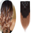 Hairro Clip in Hair Extensions 100% Human Hair Thin Natural Black 12 Inch Short Straight Ombre Human Hair Dark Brown to Light Brown Clip on Hairpieces 80g Machine Weft 8pcs 18 Clips for Women