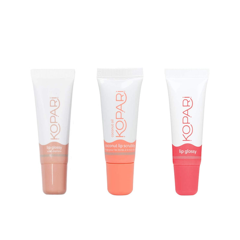 Kopari Coconut Lip Glossy Variety Bundle, Lip Gloss (2), Exfoliating Coconut Lip Scrubby (1), Hydrating & Moisturizing 100% Organic Coconut Oil, Vitamin E & Shea Butter, Non GMO, Vegan, Sulfate Free Kopari