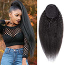 Seelaak 20 Inches Kinky Straight Ponytail Drawstring Human Hair Extension 10A Brazilian Natural Black Yaki Straight Ponytail Hairpiece for Black Women (1B