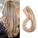 Tape in Hair Extensions Human Hair Tape in Remy Hair Extension Invisible Skin Weft Tape ins Seamless Double Sided Tape on 30g Thin 20pcs for Women Highlighted Blonde Long Straight Hair 12inch