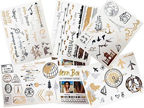Modern Boho 5 Sheets Metallic Tattoos, Gold/Silver Flash, Wanderlust Collection Modern Boho