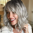 ROSEBUD Wavy Bob Wig with Bangs Natural Ombre Silver Wig Synthetic Hair Shoulder Length Short Curly Wigs for Women Rose bud