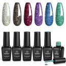 Beetles Gel Nail Polish Kit, 6Pcs Royal Diamond Gel Nail Polish Kit Reflective Gel Polish Glitter Silver Red Purple Blue Nail Polish Gel Kit, Soak Off LED Gel Nail Lamp Cured, 7.3 ml Each Bottle beetles Gel Polish