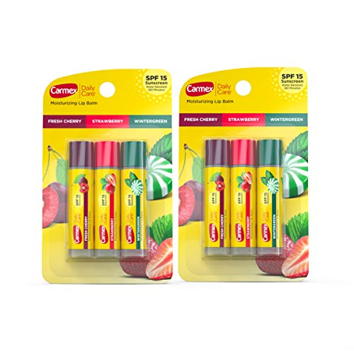 Carmex Daily Care Moisturizing Lip Balm Sticks with SPF, Fresh Cherry, Strawberry and Wintergreen Lip Balm Pack, 0.15 OZ - 3 Count (Pack of 2) Carmex