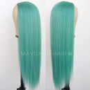 Maycaur Blue Green Color Synthetic Hair Wigs with Natural Hairline Long Straight Women's Wig Heat Resistant Synthetic No Lace Wigs for Fashion Women Maycaur